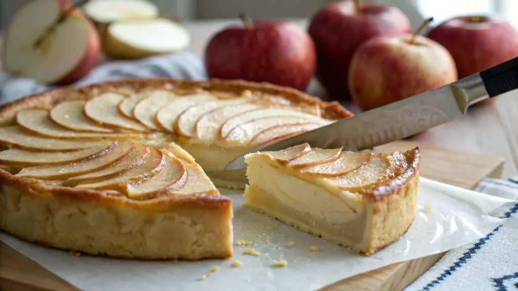 Close-up of invisible apple cake being sliced.