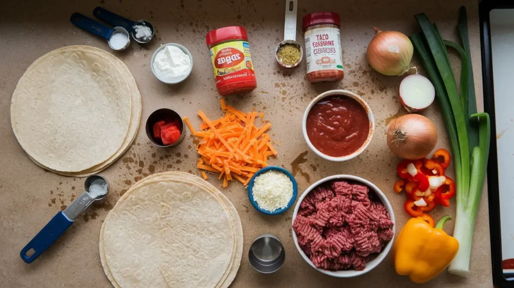 Ingredients for taco lasagna including cheese, tortillas, and salsa