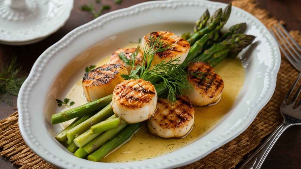 A Plated Seafood Dish Featuring Grilled Scallops Drizzled With Beurre Blanc Sauce, Garnished With Fresh Herbs And Served Alongside Asparagus. Elegant Restaurant Style Presentation.
