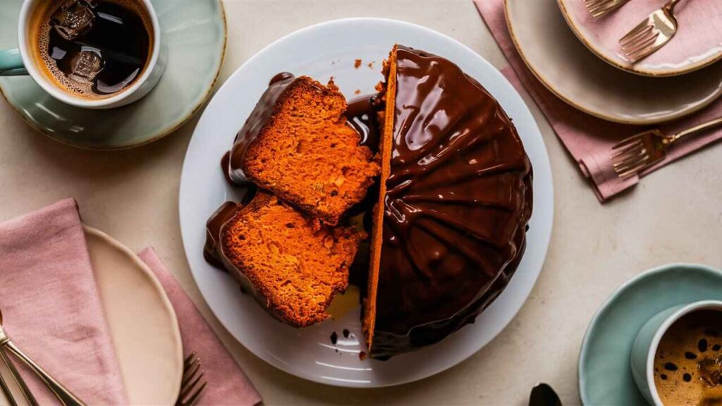 A Slice Of Brazilian Carrot Cake Served With Coffee On A White Plate