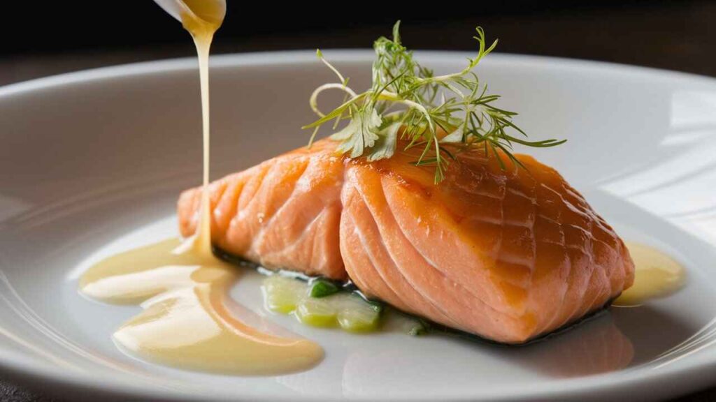 Beurre Blanc Sauce Being Poured Over Poached Salmon.