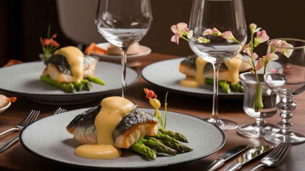 Dishes With Beurre Blanc And Hollandaise Sauce Served On A Dining Table.