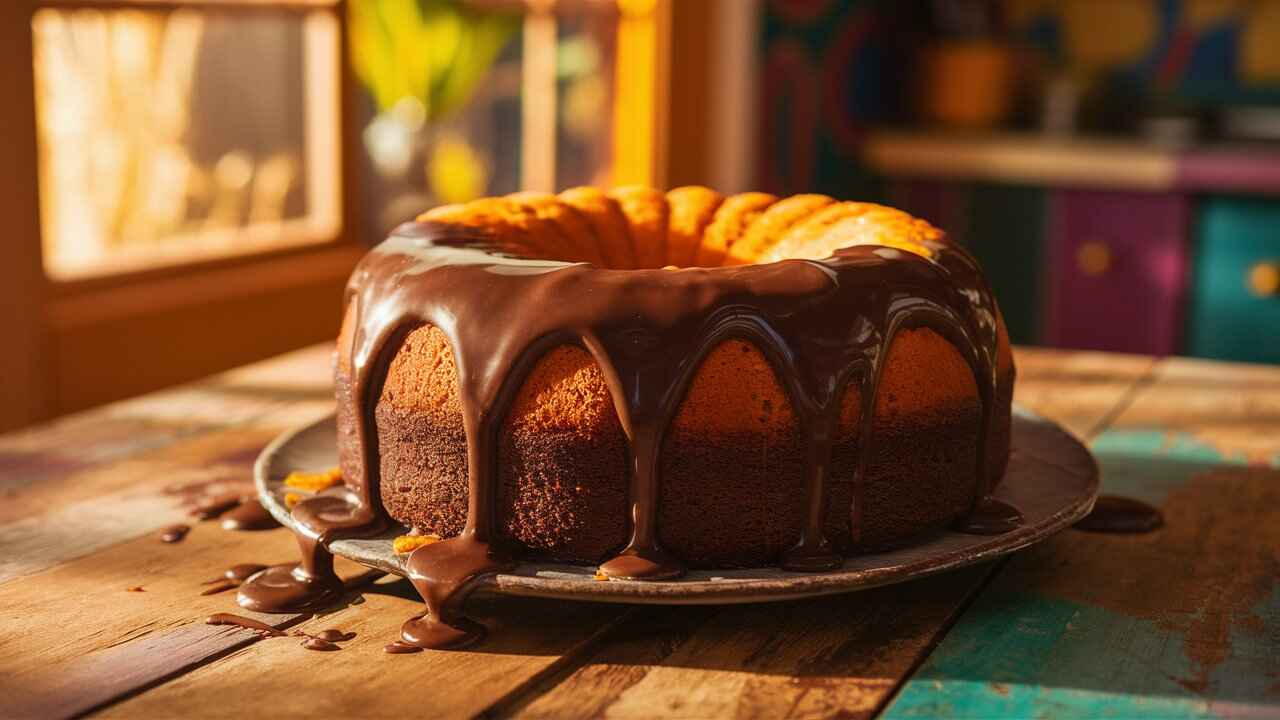 Freshly Baked Brazilian Carrot Cake With Chocolate Glaze On A Rustic Table