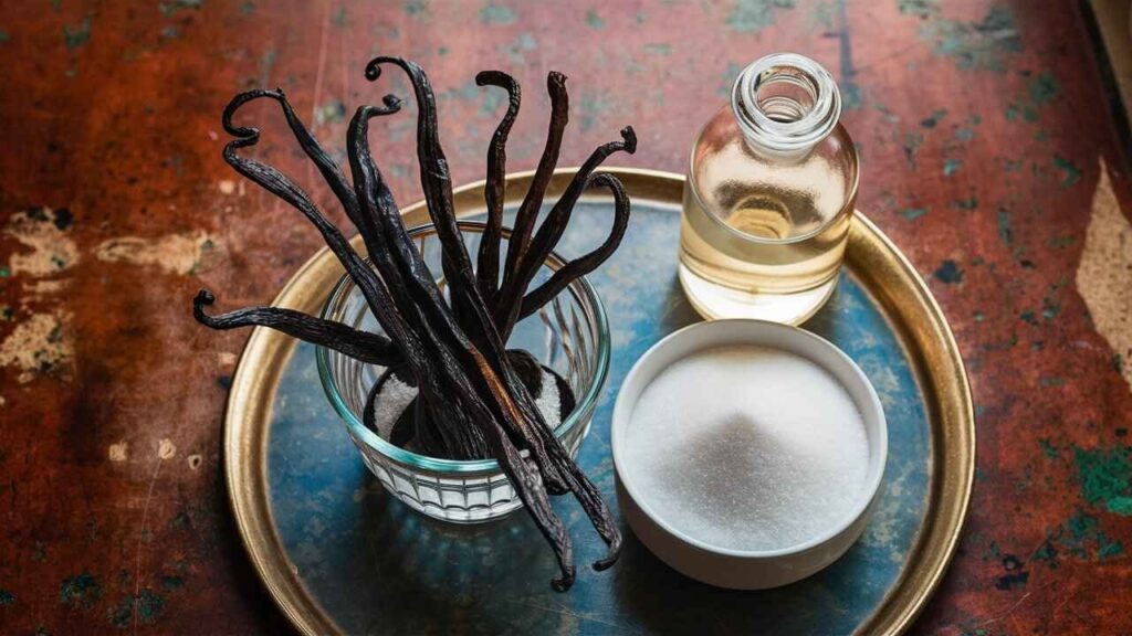 Key Ingredients For Vanilla Paste, Including Vanilla Beans, Sugar, And Glycerin.