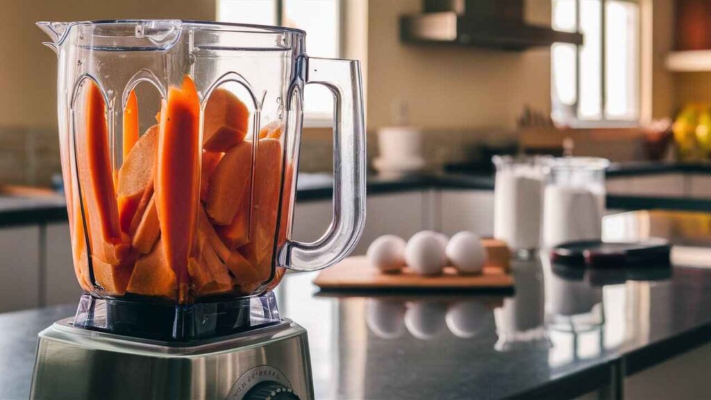 Preparing Brazilian Carrot Cake Batter With Fresh Carrots In A Blender