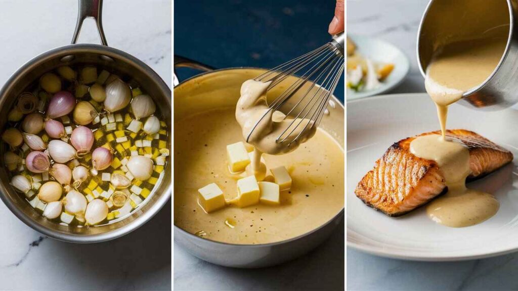 Steps For Making Beurre Blanc Sauce, Ending With A Finished Dish Of Salmon.