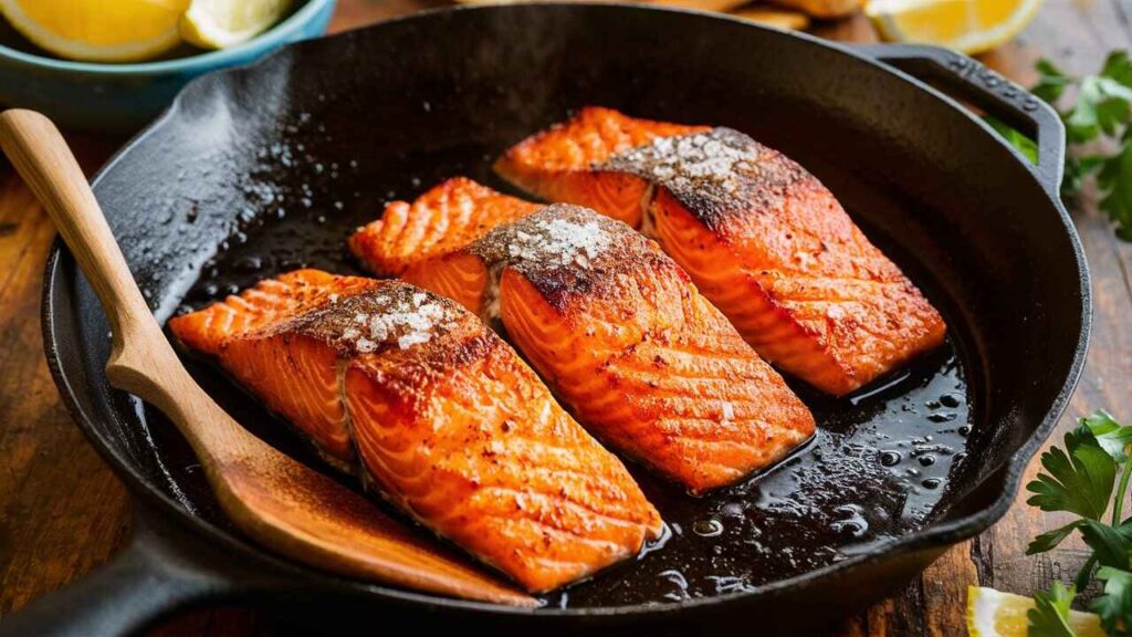 Seared salmon fillets cooking in a cast-iron skillet.