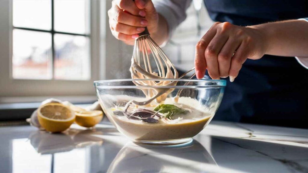 Chef preparing creamy Caesar dressing with fresh ingredients.