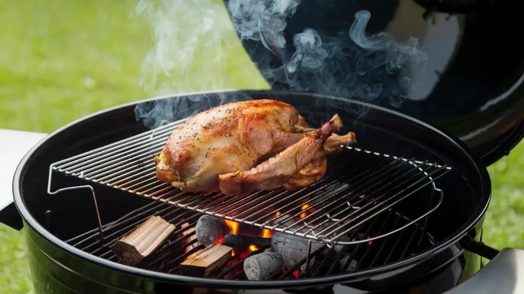 Turkey breast smoking on a grill with wood chips.